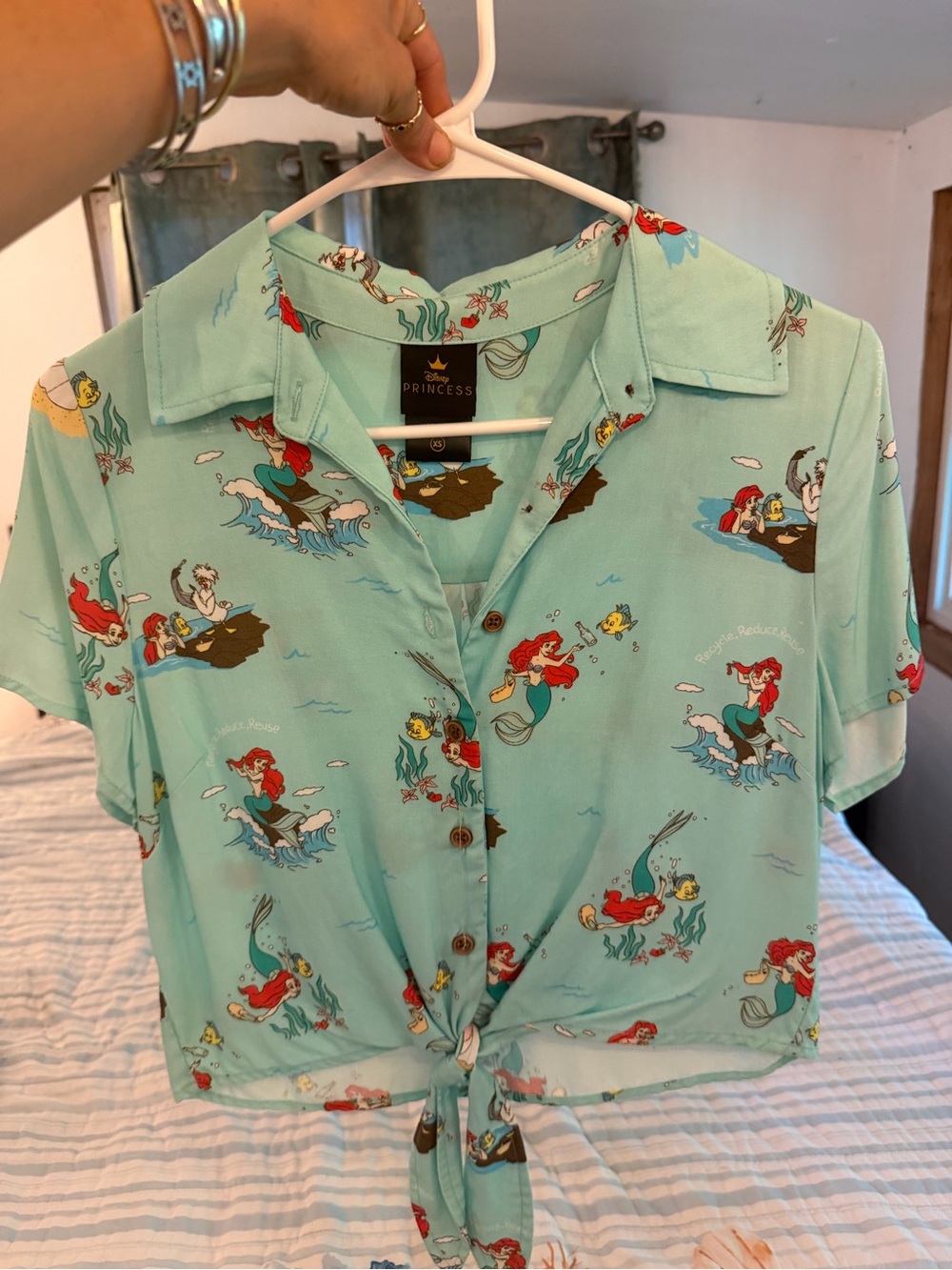 Loungefly Aqua Ariel Print Tie-Front Button Shirt